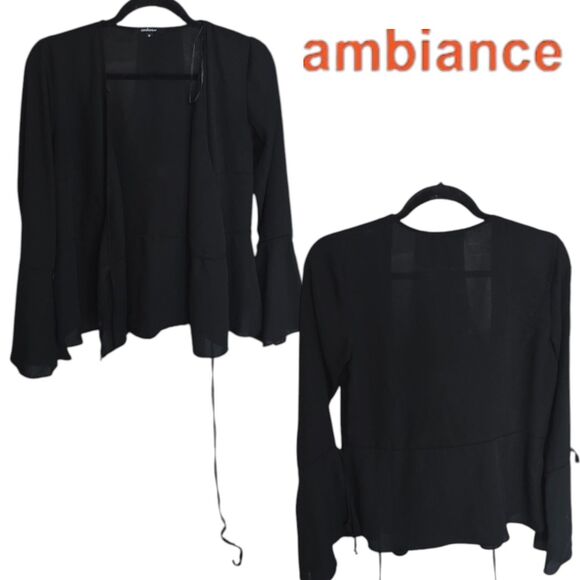 Sheer Black Self Tie Wrap Blouse Poet Sleeves By Ambiance Size Medium - Picture 3 of 3